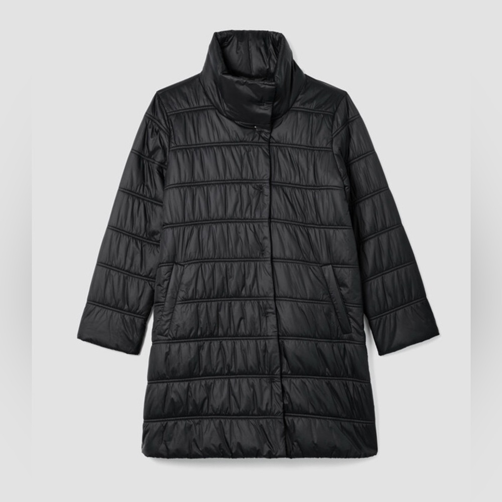 Eileen Fisher Black Eggshell Recycled Nylon Stand Collar Coat NWOT $398